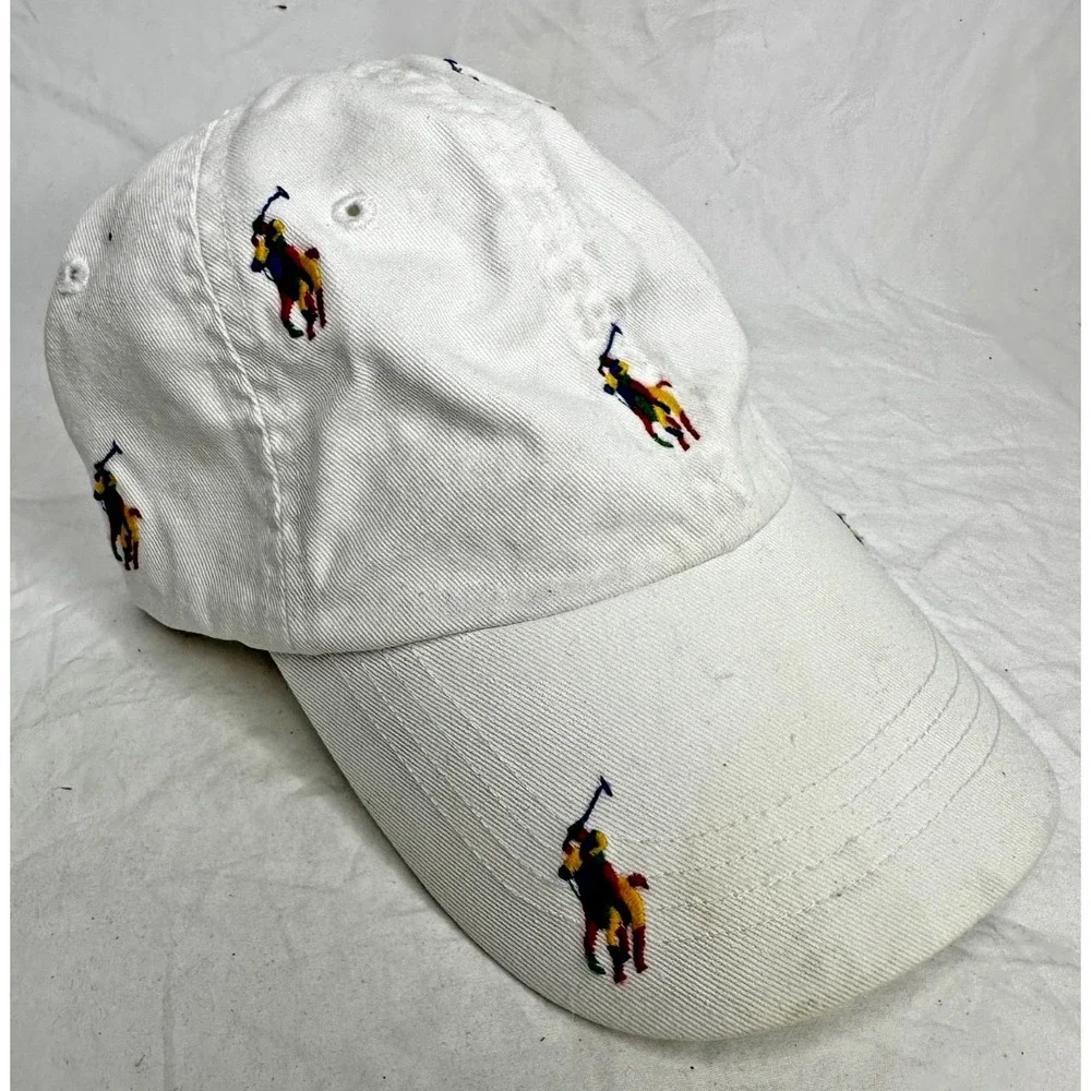 Polo Ralph Lauren Baseball Cap White Rainbow Embroidered Horses Cotton As Is